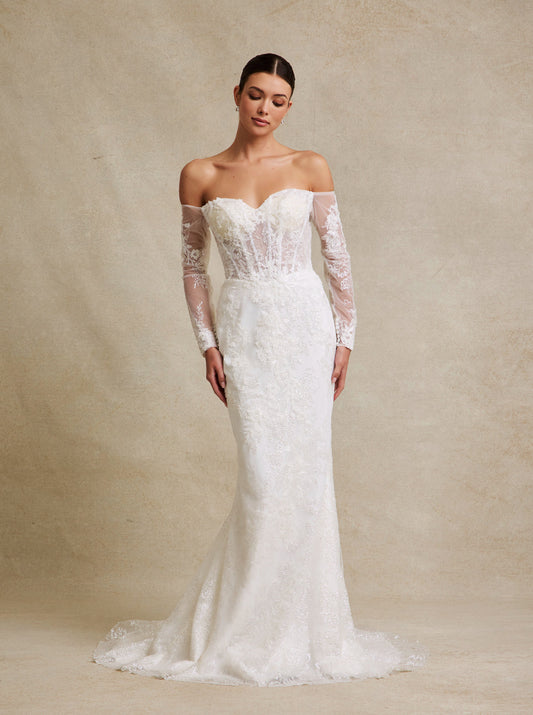 Vestido de Novia con Escote de Corazón Corte Sirena y con Manga Larga al Hombro Color Off White