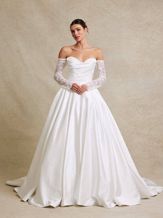 Vestido de Novia de Satén con Encaje Bordado, Manga Larga al Hombro, Color Off White