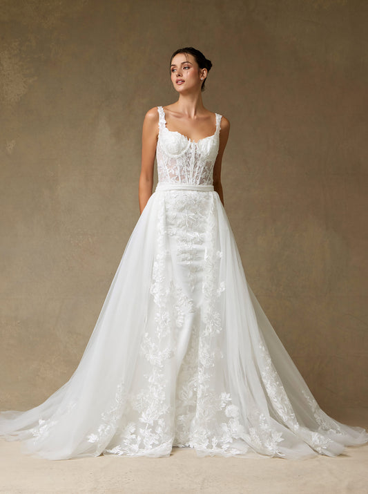 Vestido de Novia de Tul Bordado con Tirantes y Escote Corazón con Falda Desmontable, Color Off White