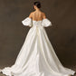 Vestido de Novia en Línea A  con  hombros descubiertos, Sin Tirantes, Escote Recto Cordones en la Espalda y cola Color Off White
