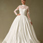 Vestido de Novia de Manga Larga, Cuello Alto Abotonado y Cauda, Color Off White