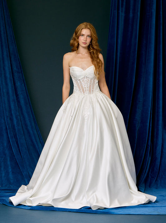 Vestido de Novia Corte Princesa de Satén Bordado con Lentejuelas, Color Off White