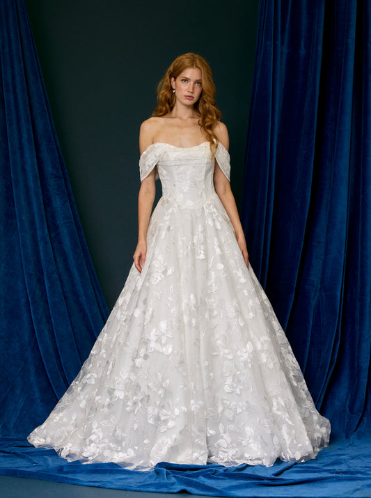 Vestido de Novia, Corte Princesa, Con Escote Corazón y Hombros Caídos, de Tul Bordado con Encaje, Color Off White
