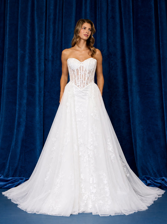 Vestido de Novia Corte Sirena con Sobrefalda Desmontable, Escote Corazón, Corpiño Semitransparente, Color Off White