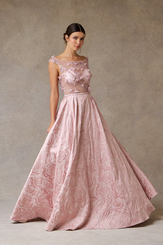 Vestido Corte en A Cuello Redondo con Aplicaciones en Flores Color Blush
