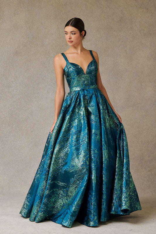 Vestido Estampado Corte en A con Tirantes Escote de Corazón Color Teal Print