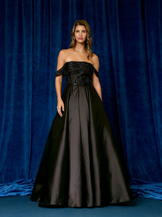 Vestido Corte en A, Escote Recto, Hombros Descubiertos, Corpiño Bordado, Color Black
