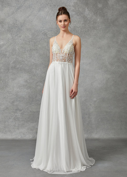 Vestido de Novia de Chifón en Corte A, Con Tirantes y Escote Bordado en V, con Espalda Descubierta, Color Off White