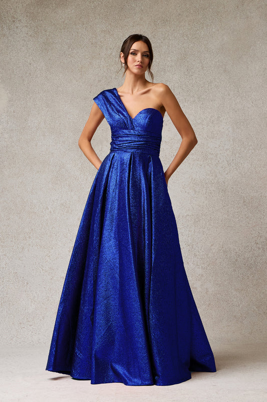 Vestido Corte en A, con un Solo Hombro, Escote de Corazón y Drapeado en la Cintura, Color Royal