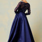 Vestido en Líneas A Con Manga Larga y Cuello en V Color Navy.