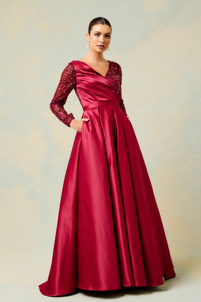 Vestido de Noche en Línea A de Satín con Cuello V (Dos Colores)