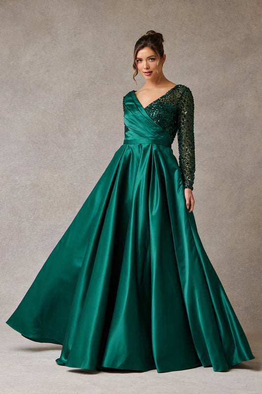 Vestido de Noche en Línea A de Satín con Cuello V (Dos Colores)