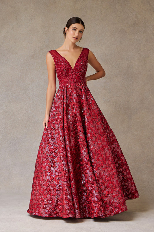 Vestido en A  Bordado con Lentejuelas y Cristales, Color Burgundy