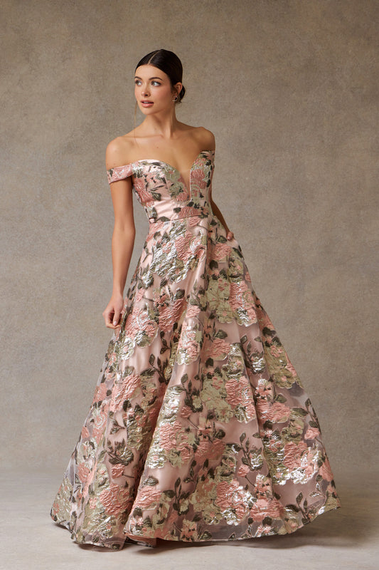 Vestido Corte en A Estampado  al Hombro con Cuello en V, Color Blush Shage
