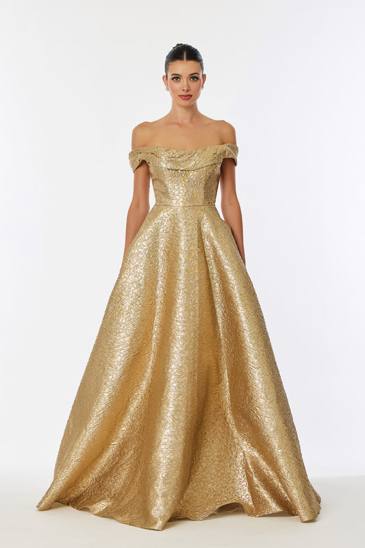 Vestido en Corte A Estampado, al Hombro con Escote Redondo, Color Gold