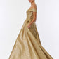 Vestido en Corte A Estampado, al Hombro con Escote Redondo, Color Gold