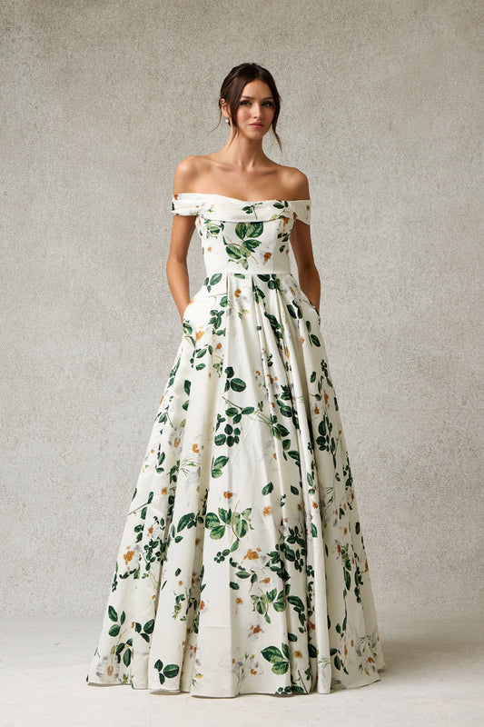 Vestido en Corte A de Satén Estampado, Hombros Descubiertos y Bolsillos Laterales, Color Green-White