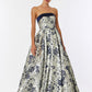 Vestido en Corte A de Satén y Jaquard Estampado, sin Tirantes con Bolsillos Laterales, Color Navy Silver
