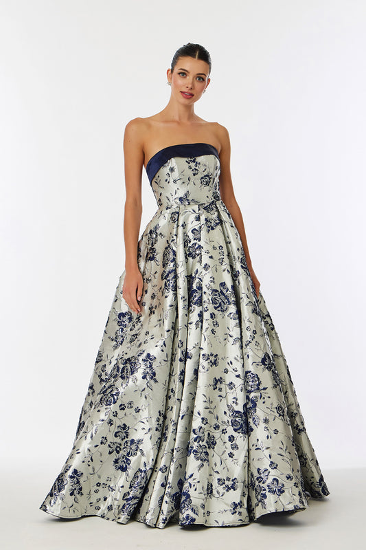 Vestido en Corte A de Satén y Jaquard Estampado, sin Tirantes con Bolsillos Laterales, Color Navy Silver