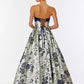 Vestido en Corte A de Satén y Jaquard Estampado, sin Tirantes con Bolsillos Laterales, Color Navy Silver