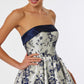 Vestido en Corte A de Satén y Jaquard Estampado, sin Tirantes con Bolsillos Laterales, Color Navy Silver