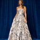 Vestido en Corte A, de Jacquad Estampado, Con Escote Recto de Satén, Con Lazos en la Espalda, Color Beige Navy Print