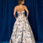 Vestido en Corte A, de Jacquad Estampado, Con Escote Recto de Satén, Con Lazos en la Espalda, Color Beige Navy Print