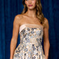 Vestido en Corte A, de Jacquad Estampado, Con Escote Recto de Satén, Con Lazos en la Espalda, Color Beige Navy Print