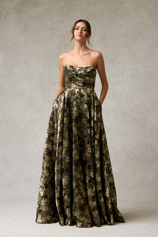 Vestido de Satén Estampado en Corte A con Escote Redondo Drapeado, Color Black Gold