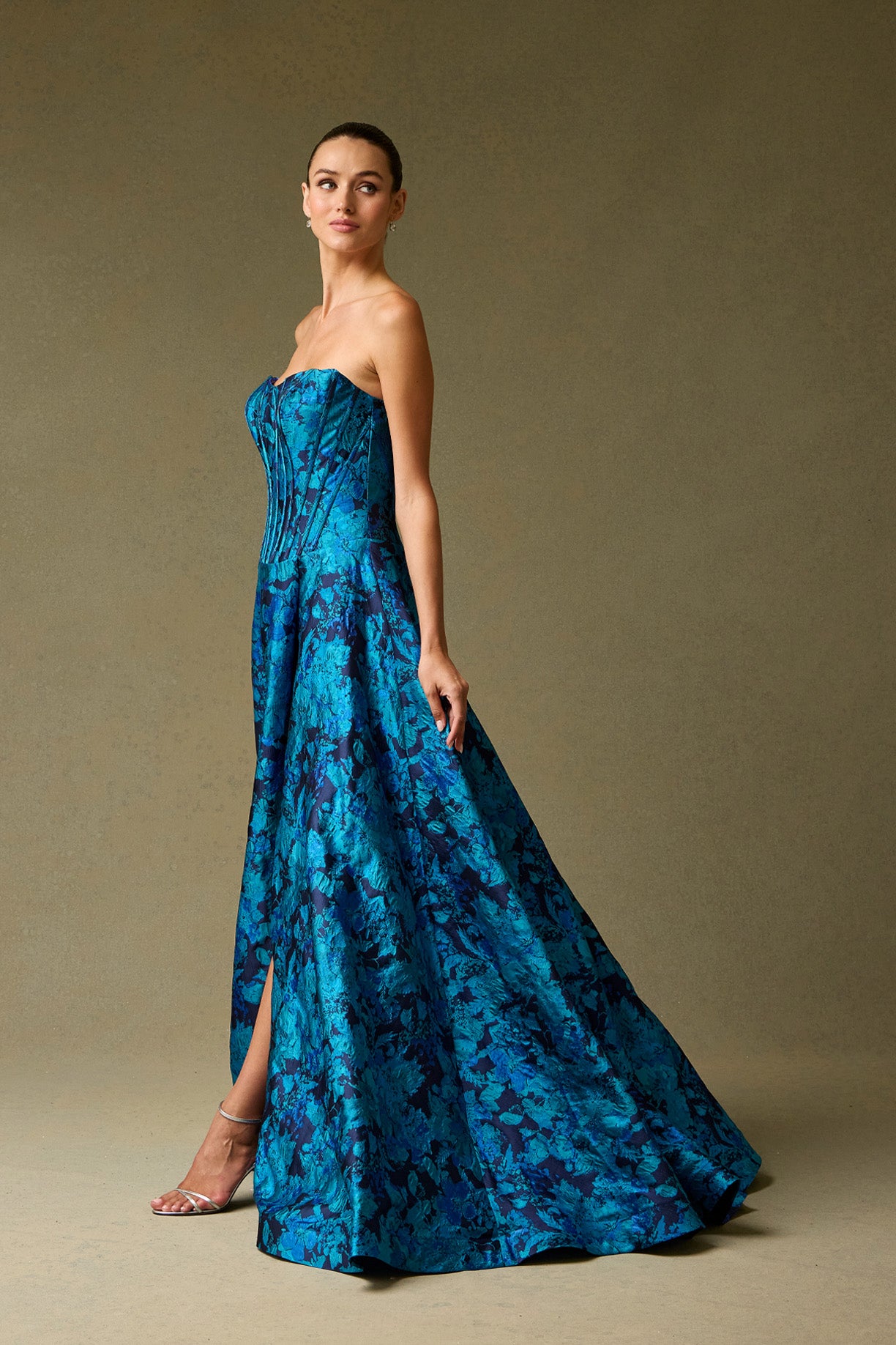 Vestido de Jacquard Estampado, Sin Tirantes en Corte A, Color Blue Print