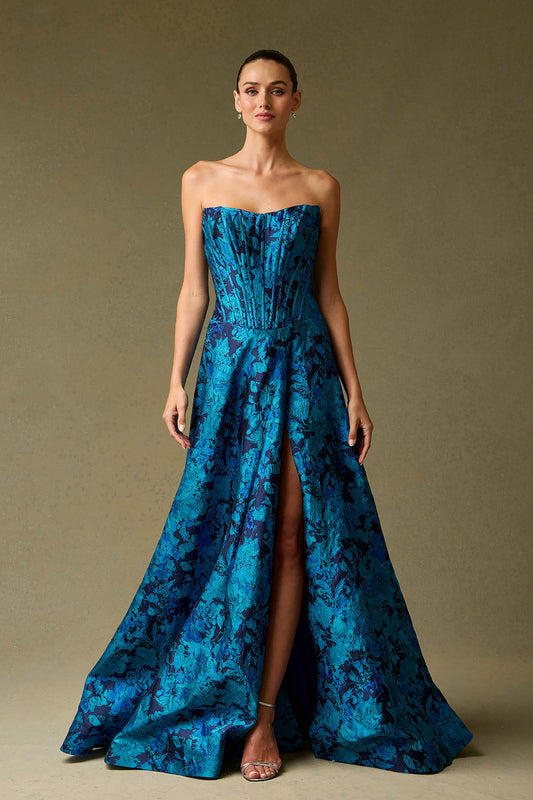 Vestido de Jacquard Estampado, Sin Tirantes en Corte A, Color Blue Print