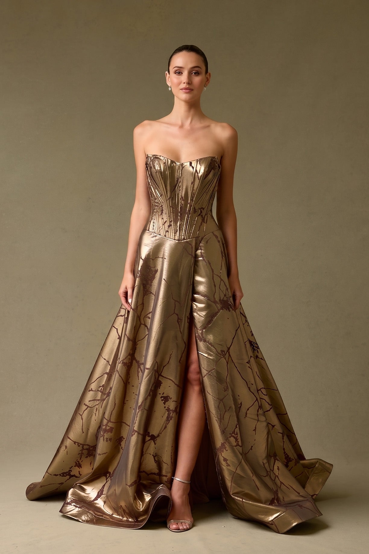 Vestido de Corte en A, de Jacquard Estampado, con Escote Ojo de Gato, Color Dark Brown Print