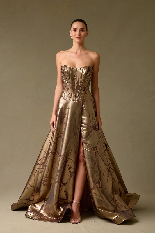 Vestido de Corte en A, de Jacquard Estampado, con Escote Ojo de Gato, Color Dark Brown Print