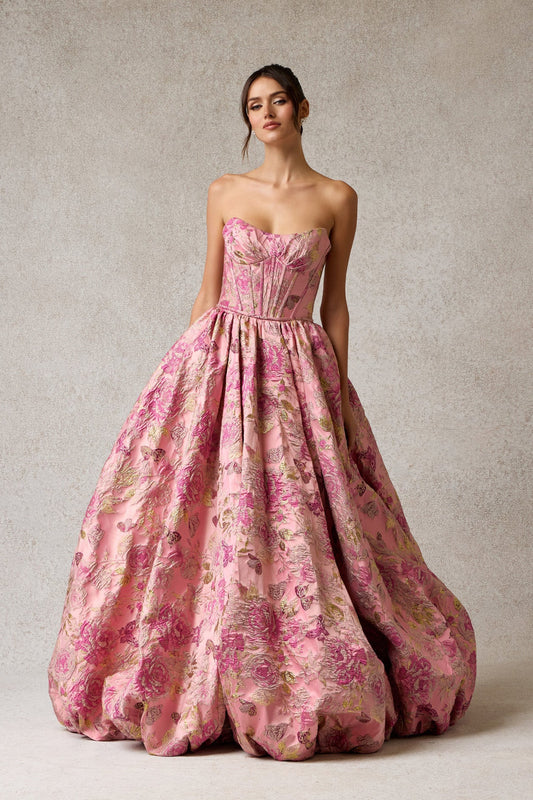 Vestido Corte en A  Sin tirantes y Escote Redondo con Bolsillos laterales con Cintas en la Espalda Color Dusty Rose print