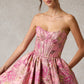 Vestido Corte en A  Sin tirantes y Escote Redondo con Bolsillos laterales con Cintas en la Espalda Color Dusty Rose print