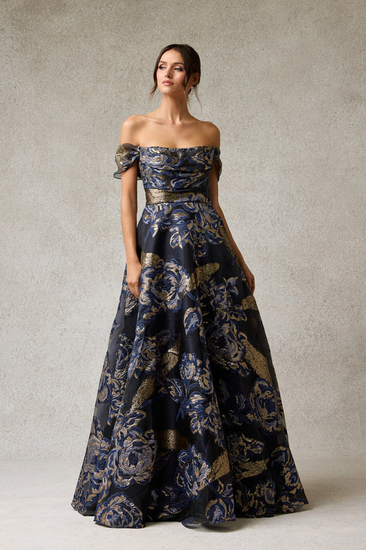 Vestido Core en A de Jacquard Estampado, Hombros Descubiertos y Bolsillos Laterales, Color Navy