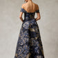 Vestido Core en A de Jacquard Estampado, Hombros Descubiertos y Bolsillos Laterales, Color Navy