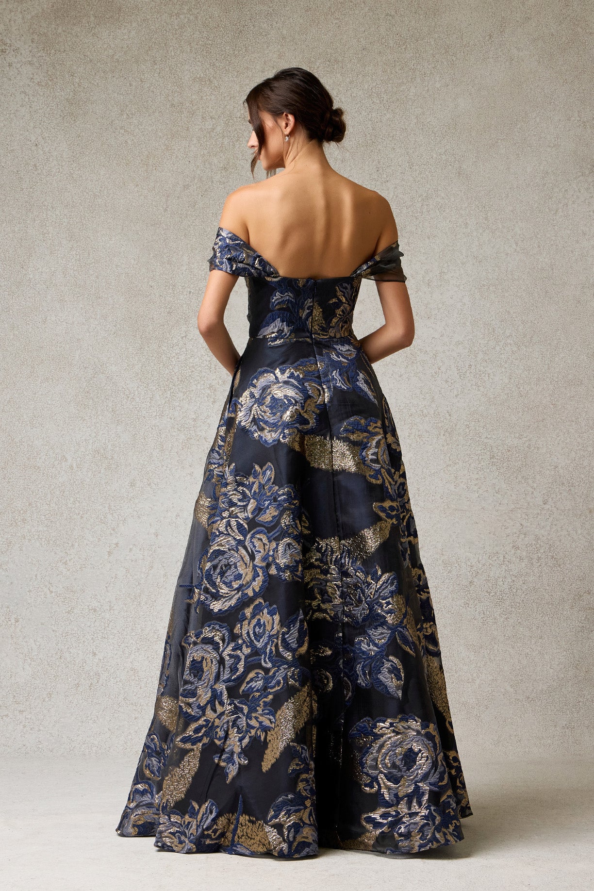 Vestido Core en A de Jacquard Estampado, Hombros Descubiertos y Bolsillos Laterales, Color Navy