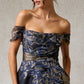 Vestido Core en A de Jacquard Estampado, Hombros Descubiertos y Bolsillos Laterales, Color Navy