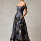 Vestido Core en A de Jacquard Estampado, Hombros Descubiertos y Bolsillos Laterales, Color Navy
