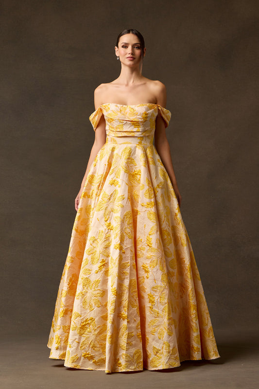 Vestido de Jacquard Estampado, Corte en A, Escote Corazón, Hombros Descubiertos y Bolcillos Laterales Color Yellow Print