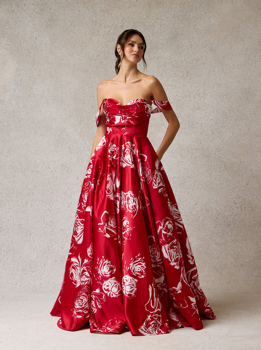 Vestido Línea A de sáten  Hombros Descubiertos Escote Corazón Color Red Print.