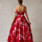 Vestido Línea A de sáten  Hombros Descubiertos Escote Corazón Color Red Print.