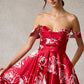 Vestido Línea A de sáten  Hombros Descubiertos Escote Corazón Color Red Print.