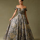 Vestido de Jacquard Estampado, con Hombros Descubiertos, Escote Corazón y Bolsillos Laterales, Color Gold -Black Print