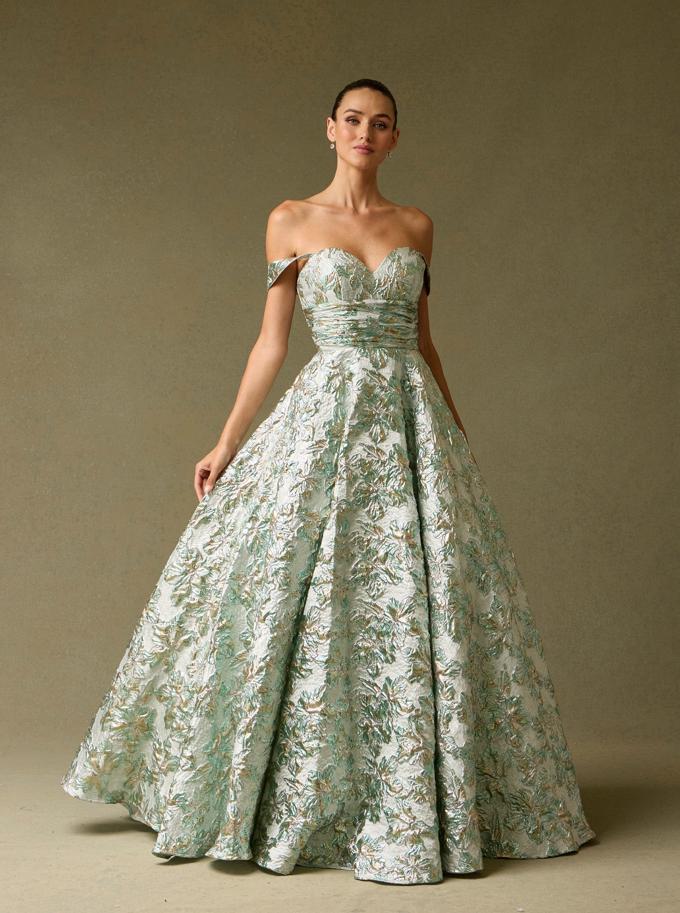 Vestido de Jacquard Estampado en Cote A, Escote Corazón y Drapeado en la Cintura con Bolsillos Laterales, Color Sage Print