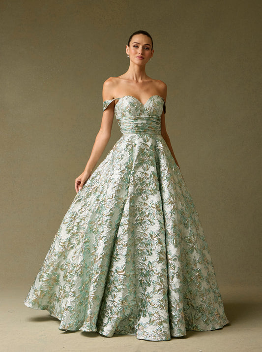 Vestido de Jacquard Estampado en Cote A, Escote Corazón y Drapeado en la Cintura con Bolsillos Laterales, Color Sage Print