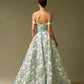Vestido de Jacquard Estampado en Cote A, Escote Corazón y Drapeado en la Cintura con Bolsillos Laterales, Color Sage Print