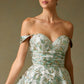 Vestido de Jacquard Estampado en Cote A, Escote Corazón y Drapeado en la Cintura con Bolsillos Laterales, Color Sage Print