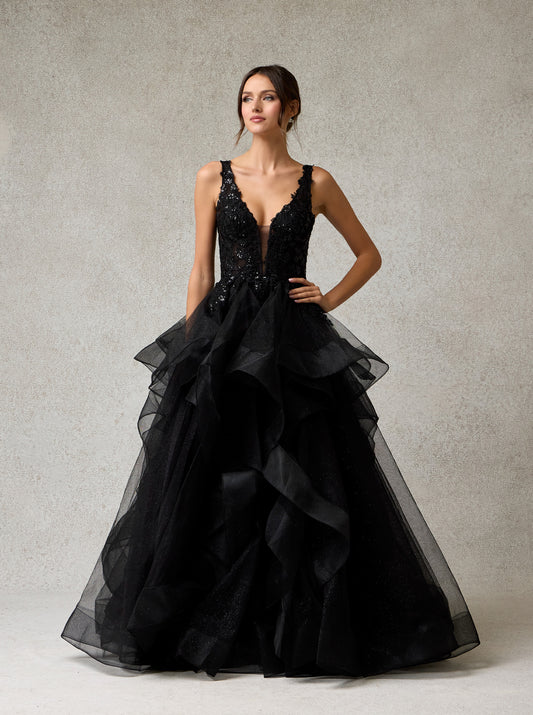 Vestido Corte en A, Falda con Olanes, Corpiño Bordado con Lentejuelas, Color Black